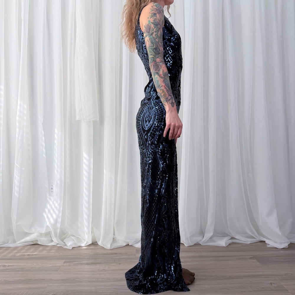 Windsor Womens Medium Blue Black Sequin Formal Prom Gown Side Slit Long Dress - Picture 3 of 8